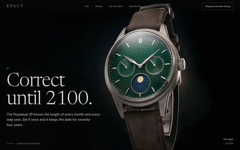 Hero of the Epact site: a watch with a green dial and moon phase on a dark ground, under the headline Correct until 2100.